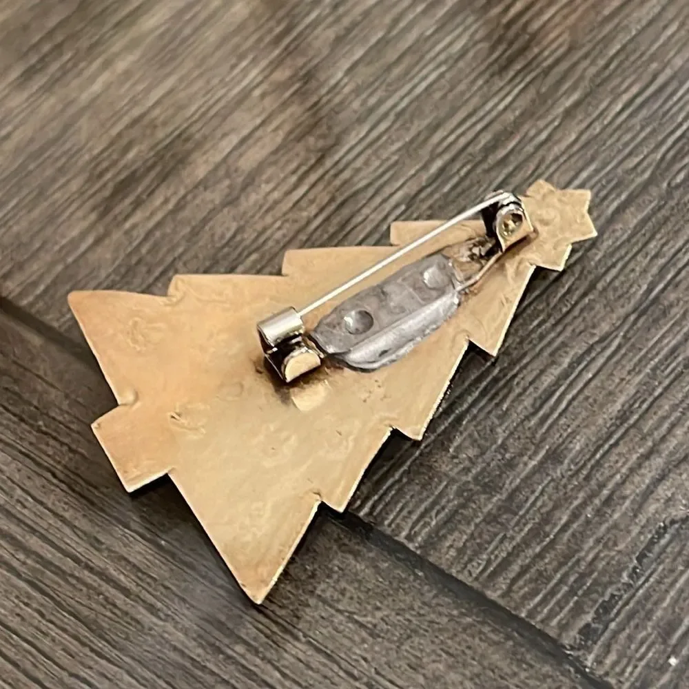 Vintage Brass Christmas Tree Pin with Etched Design Holiday Brooch